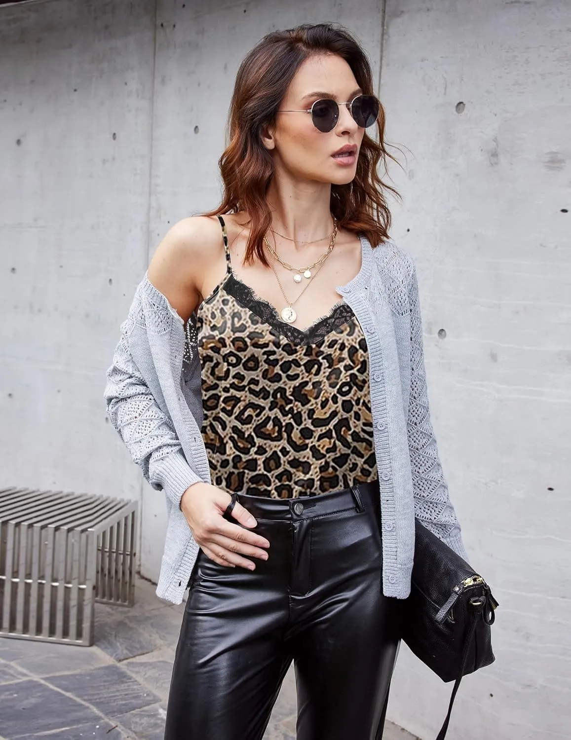 Ekouaer Women's Satin Camisole Lace Silk Satin Pajama Tank Tops V Neck Soft Spaghetti Strap Loose Sleepwear