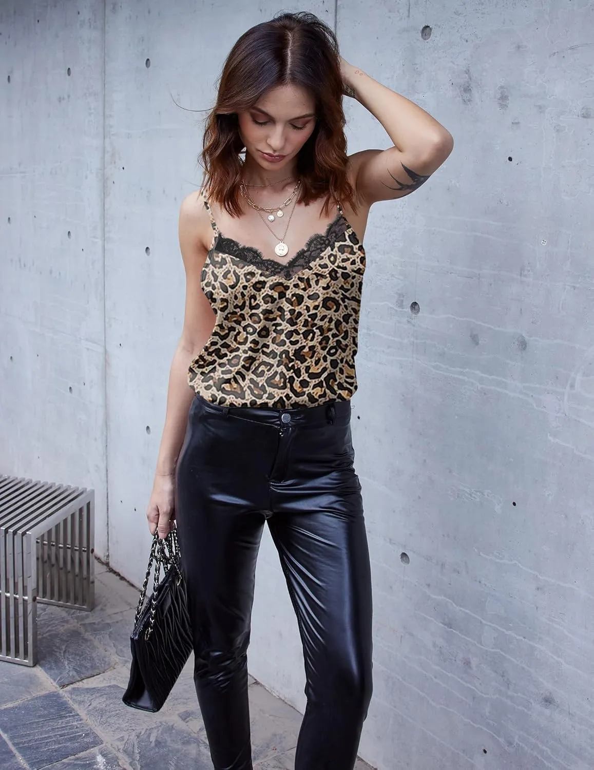 Ekouaer Women's Satin Camisole Lace Silk Satin Pajama Tank Tops V Neck Soft Spaghetti Strap Loose Sleepwear