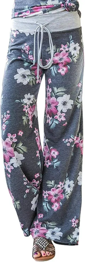 Elsofer Women's Pajama Lounge Pants Floral Print Comfy Casual Stretch Palazzo Drawstring Pj Bottoms Pants Wide Leg