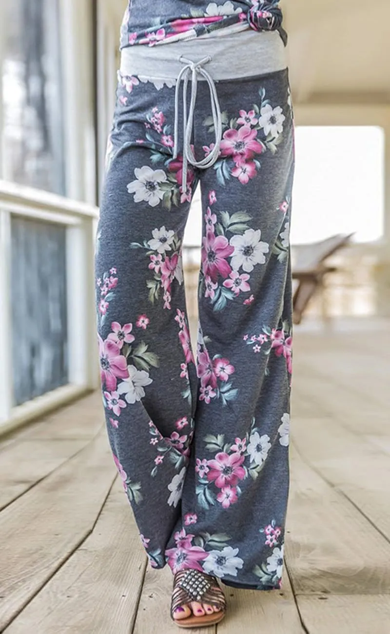 Elsofer Women's Pajama Lounge Pants Floral Print Comfy Casual Stretch Palazzo Drawstring Pj Bottoms Pants Wide Leg