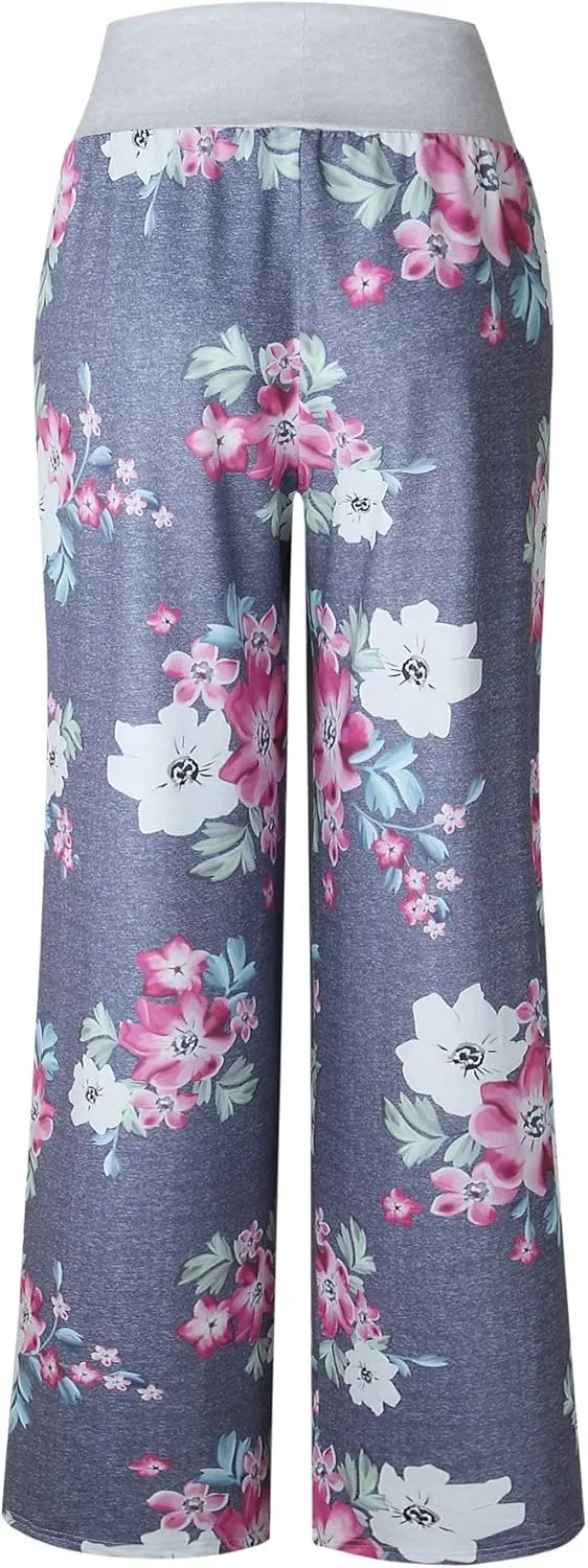 Elsofer Women's Pajama Lounge Pants Floral Print Comfy Casual Stretch Palazzo Drawstring Pj Bottoms Pants Wide Leg