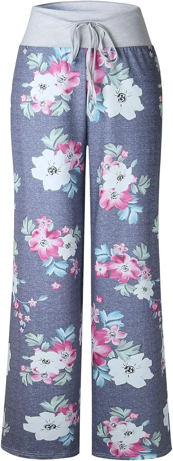 Elsofer Women's Pajama Lounge Pants Floral Print Comfy Casual Stretch Palazzo Drawstring Pj Bottoms Pants Wide Leg