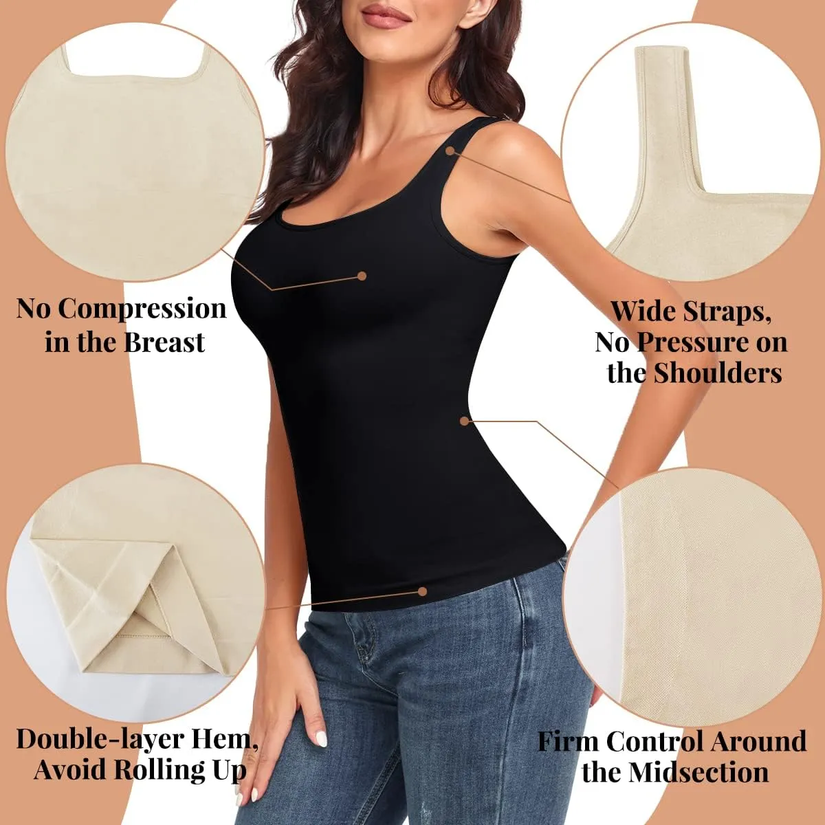 EUYZOU Women Tummy Control Shapewear Tank Tops Seamless Square Neck Compression Tops Slimming Body Shaper Camisole