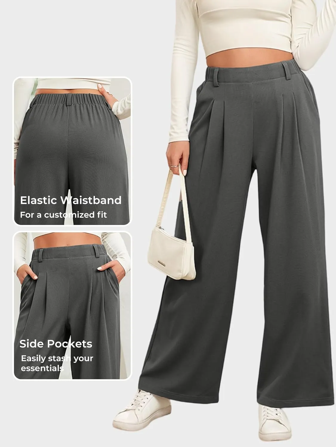 EVALESS Women's Wide Leg Pants Elastic High Waisted Waffle Knit Casual Palazzo Pants Trousers with Pockets