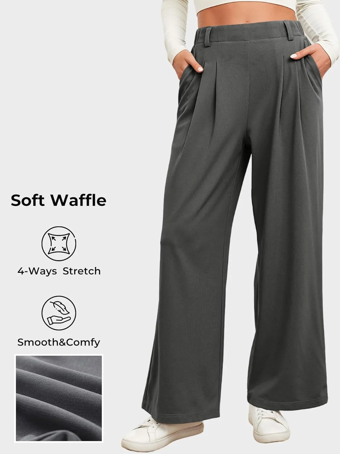 EVALESS Women's Wide Leg Pants Elastic High Waisted Waffle Knit Casual Palazzo Pants Trousers with Pockets