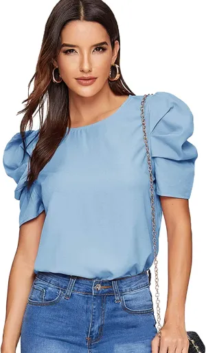 Floerns Women's Round Neck Short Puff Sleeve Keyhole Back Blouse Tops