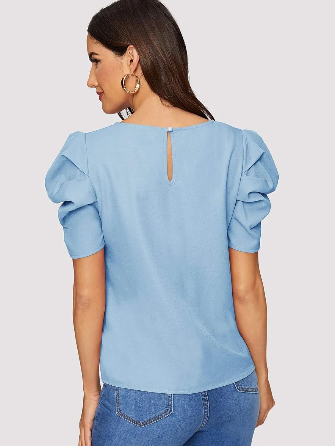 Floerns Women's Round Neck Short Puff Sleeve Keyhole Back Blouse Tops