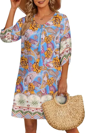 HOTOUCH Women Casual Summer Dress Boho Tassel Tie Neck Cover Up 3/4 Long Sleeve Short Floral Print Flowy Beach Sundresses