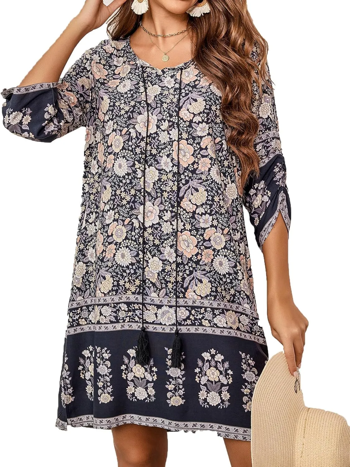 HOTOUCH Women Casual Summer Dress Boho Tassel Tie Neck Cover Up 3/4 Long Sleeve Short Floral Print Flowy Beach Sundresses