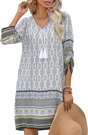 HOTOUCH Women Casual Summer Dress Boho Tassel Tie Neck Cover Up 3/4 Long Sleeve Short Floral Print Flowy Beach Sundresses