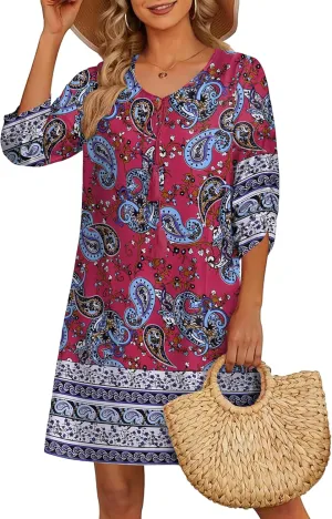 HOTOUCH Women Casual Summer Dress Boho Tassel Tie Neck Cover Up 3/4 Long Sleeve Short Floral Print Flowy Beach Sundresses