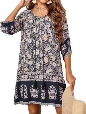 HOTOUCH Women Casual Summer Dress Boho Tassel Tie Neck Cover Up 3/4 Long Sleeve Short Floral Print Flowy Beach Sundresses
