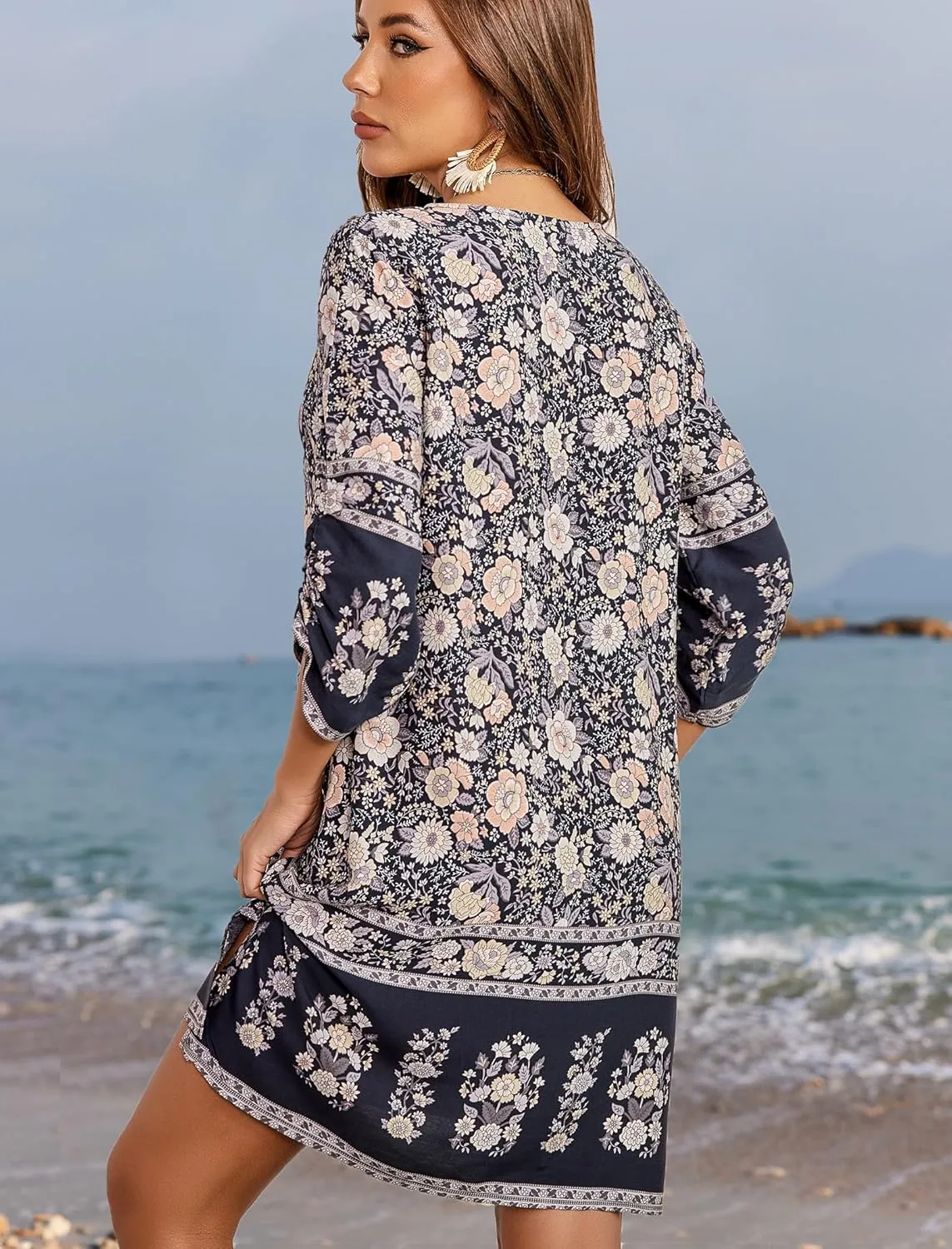 HOTOUCH Women Casual Summer Dress Boho Tassel Tie Neck Cover Up 3/4 Long Sleeve Short Floral Print Flowy Beach Sundresses