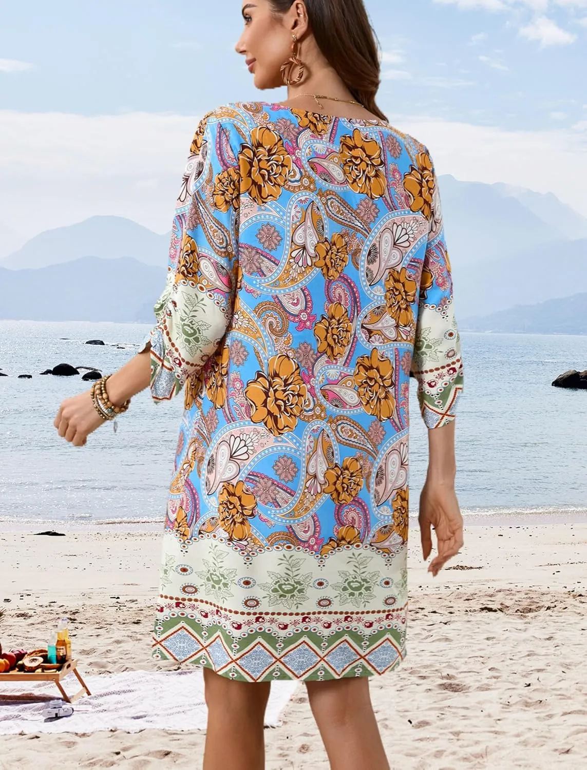 HOTOUCH Women Casual Summer Dress Boho Tassel Tie Neck Cover Up 3/4 Long Sleeve Short Floral Print Flowy Beach Sundresses