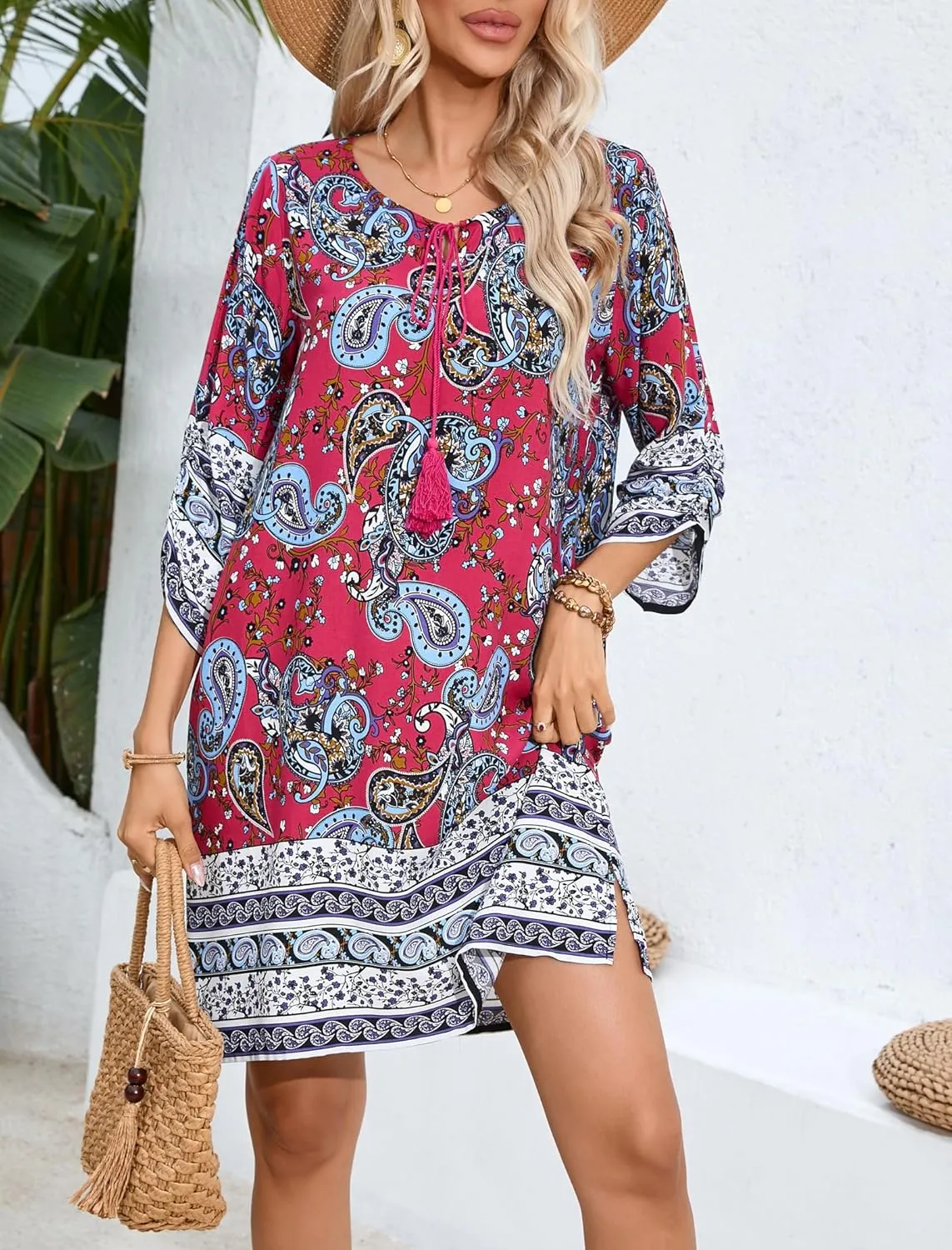 HOTOUCH Women Casual Summer Dress Boho Tassel Tie Neck Cover Up 3/4 Long Sleeve Short Floral Print Flowy Beach Sundresses
