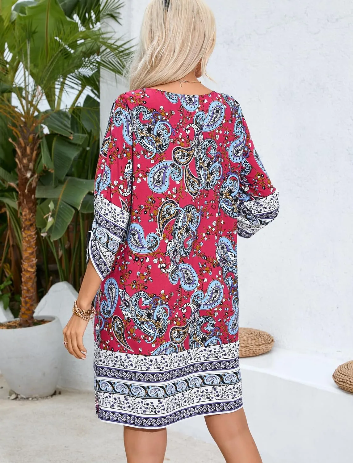 HOTOUCH Women Casual Summer Dress Boho Tassel Tie Neck Cover Up 3/4 Long Sleeve Short Floral Print Flowy Beach Sundresses