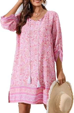 HOTOUCH Women Casual Summer Dress Boho Tassel Tie Neck Cover Up 3/4 Long Sleeve Short Floral Print Flowy Beach Sundresses