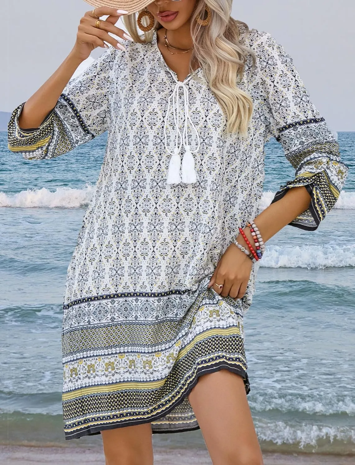 HOTOUCH Women Casual Summer Dress Boho Tassel Tie Neck Cover Up 3/4 Long Sleeve Short Floral Print Flowy Beach Sundresses