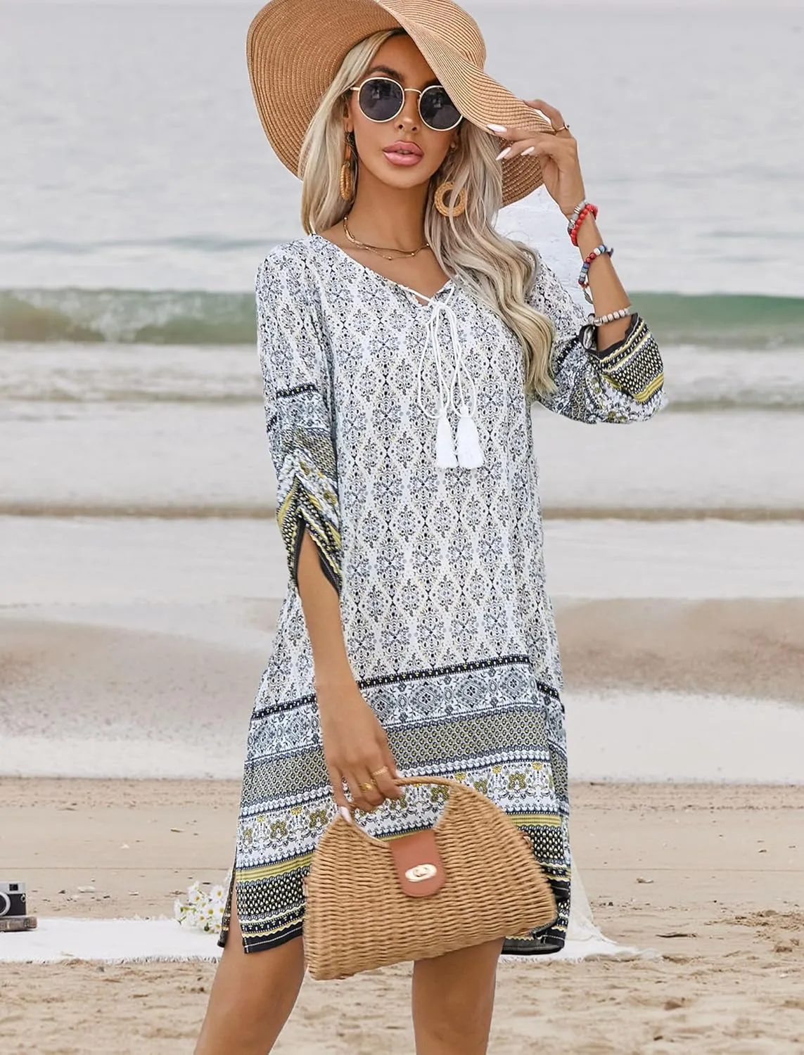 HOTOUCH Women Casual Summer Dress Boho Tassel Tie Neck Cover Up 3/4 Long Sleeve Short Floral Print Flowy Beach Sundresses