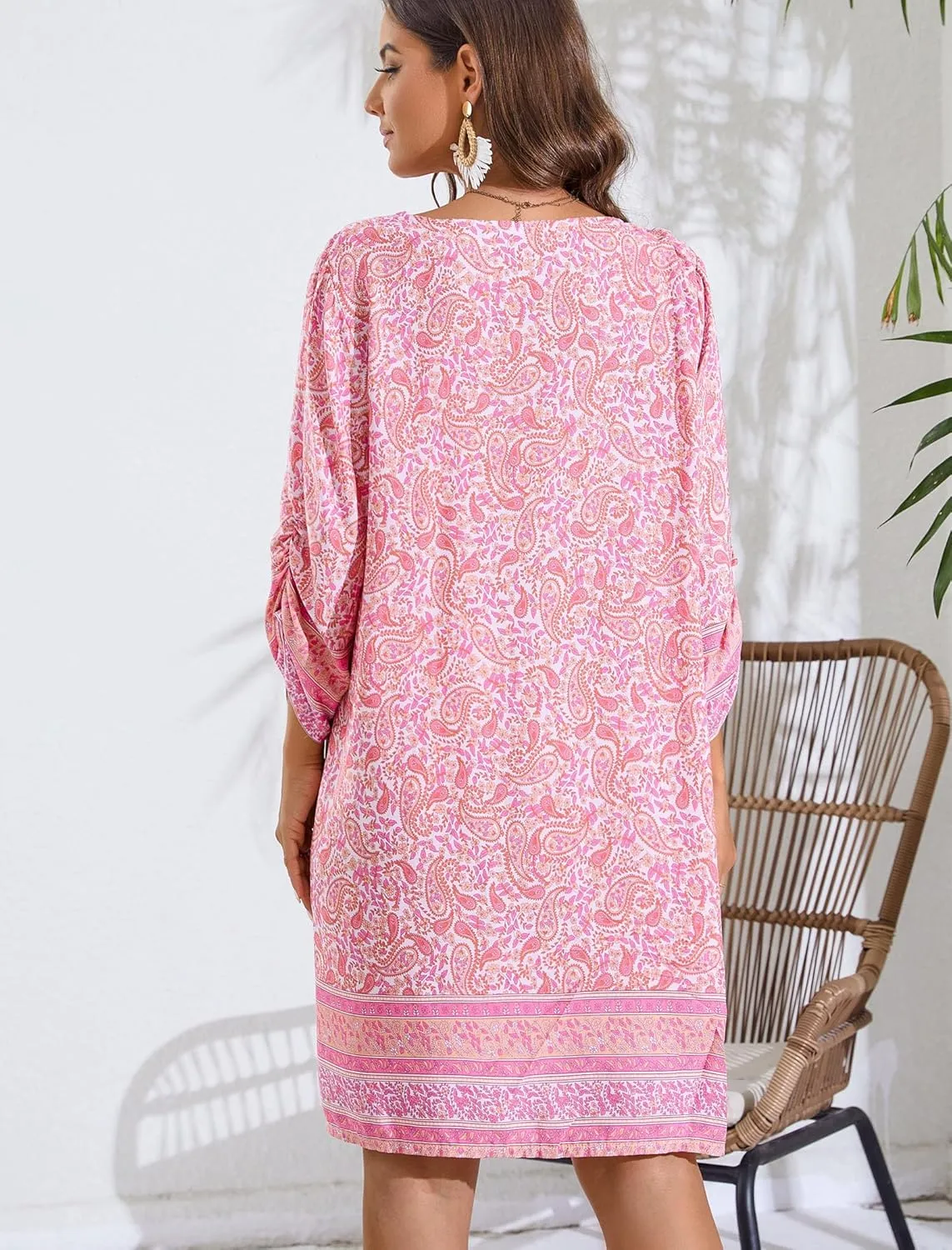 HOTOUCH Women Casual Summer Dress Boho Tassel Tie Neck Cover Up 3/4 Long Sleeve Short Floral Print Flowy Beach Sundresses