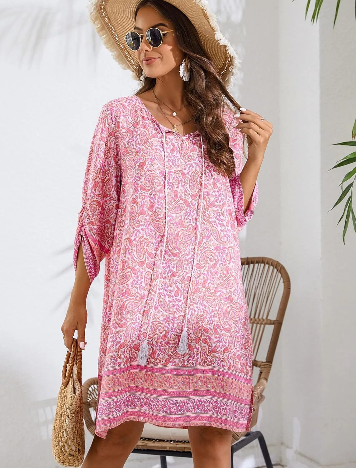 HOTOUCH Women Casual Summer Dress Boho Tassel Tie Neck Cover Up 3/4 Long Sleeve Short Floral Print Flowy Beach Sundresses