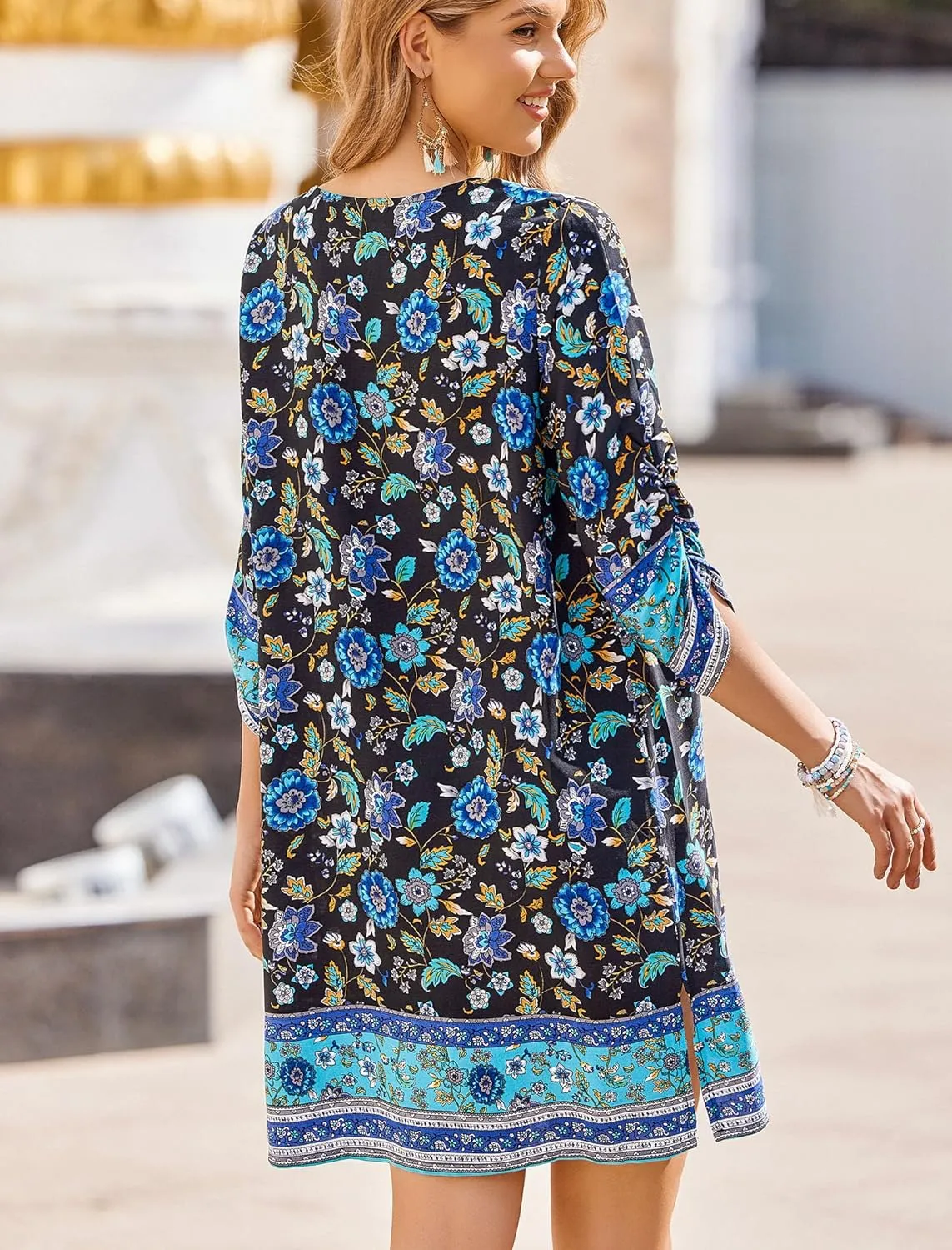 HOTOUCH Women Casual Summer Dress Boho Tassel Tie Neck Cover Up 3/4 Long Sleeve Short Floral Print Flowy Beach Sundresses