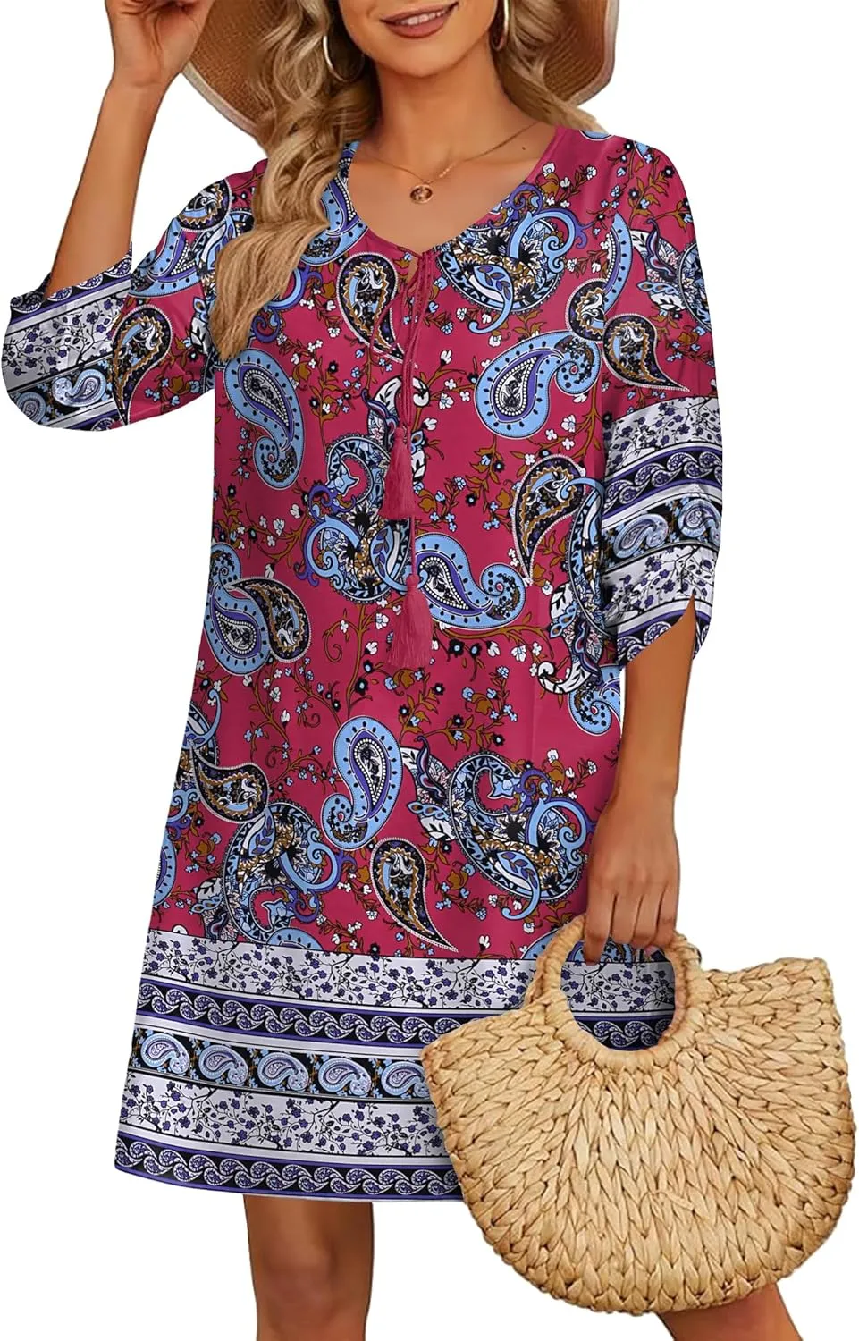 HOTOUCH Women Casual Summer Dress Boho Tassel Tie Neck Cover Up 3/4 Long Sleeve Short Floral Print Flowy Beach Sundresses