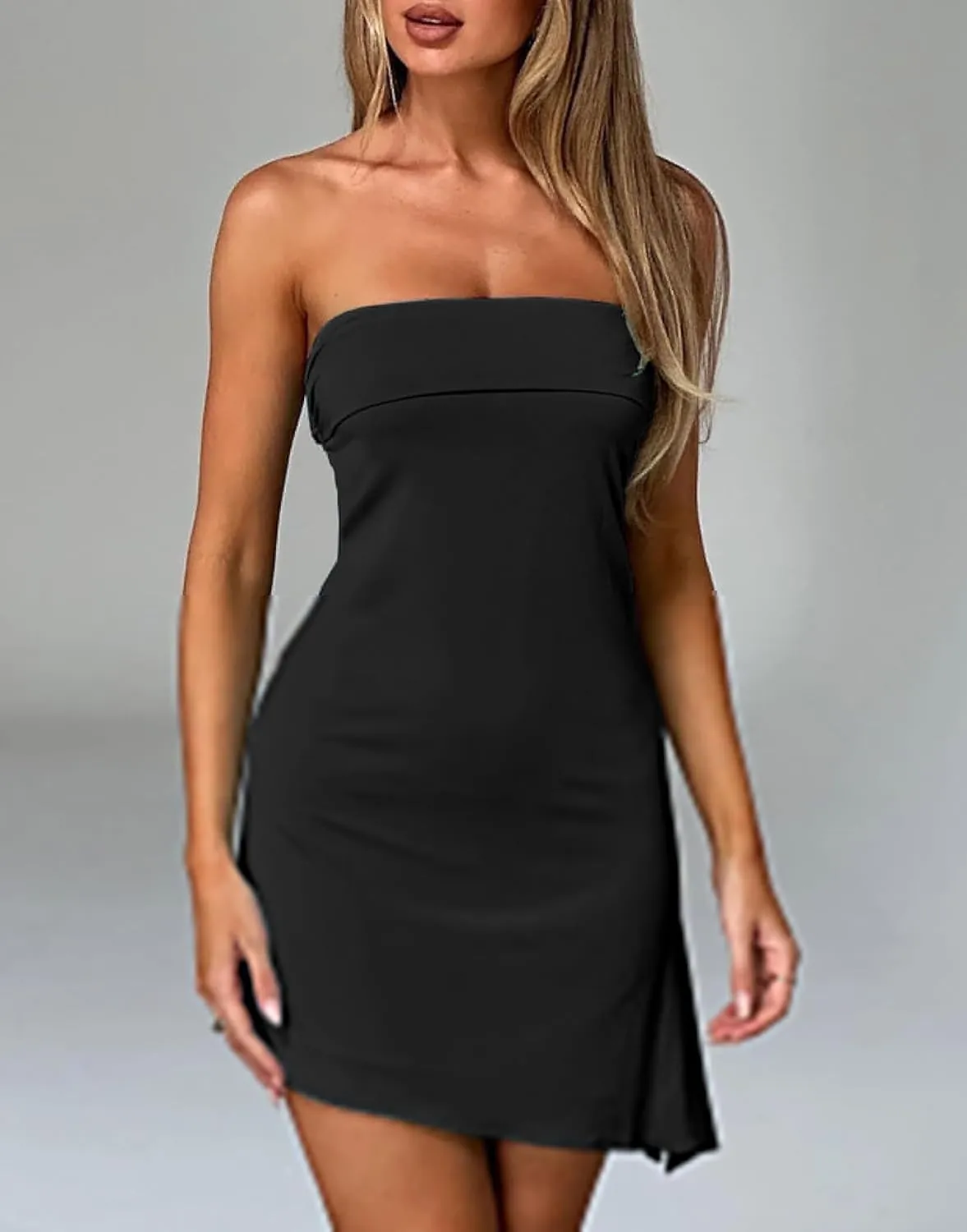 HYPERFIRE Women's Summer Strapless Tube Mini Dress Asymmetrical Slit Cut Out Back Dresses Cocktail