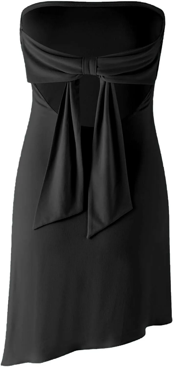 HYPERFIRE Women's Summer Strapless Tube Mini Dress Asymmetrical Slit Cut Out Back Dresses Cocktail