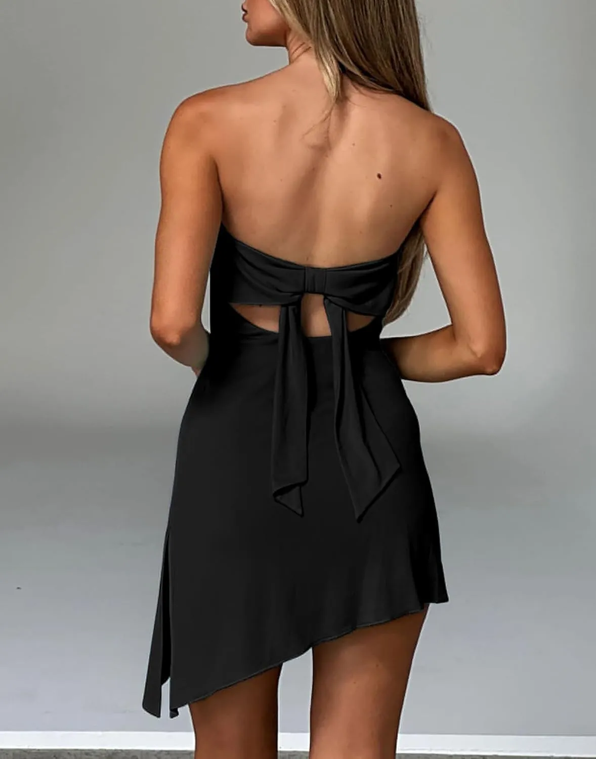 HYPERFIRE Women's Summer Strapless Tube Mini Dress Asymmetrical Slit Cut Out Back Dresses Cocktail