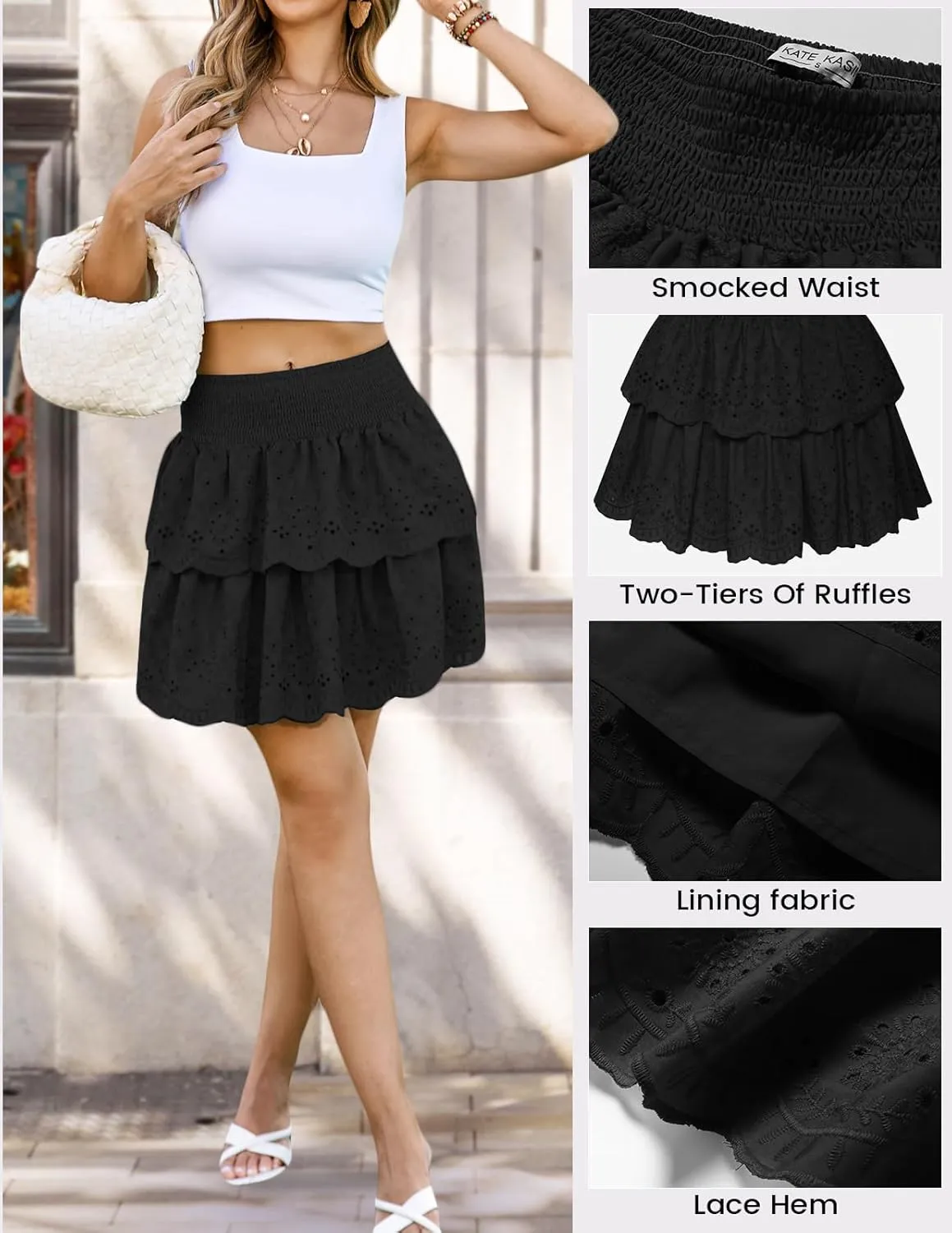 Kate Kasin Pleated Mini Skirt for Women High Waist Flowy Ruffle Layered Flared Y2K Teen Spring Summer Short A Line Skirts