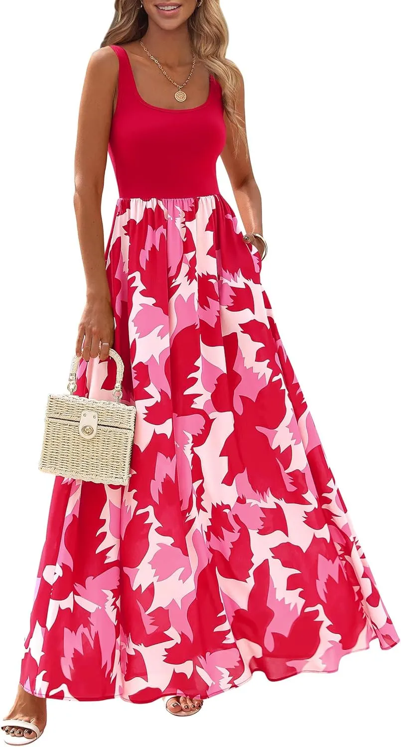 KIRUNDO Women Summer Sleeveless Boho Floral Maxi Dress 2025 Scoop Neck Tank A Line Flowy Beach Vacation Resort Wear Sundress
