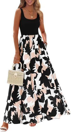 KIRUNDO Women Summer Sleeveless Boho Floral Maxi Dress 2025 Scoop Neck Tank A Line Flowy Beach Vacation Resort Wear Sundress