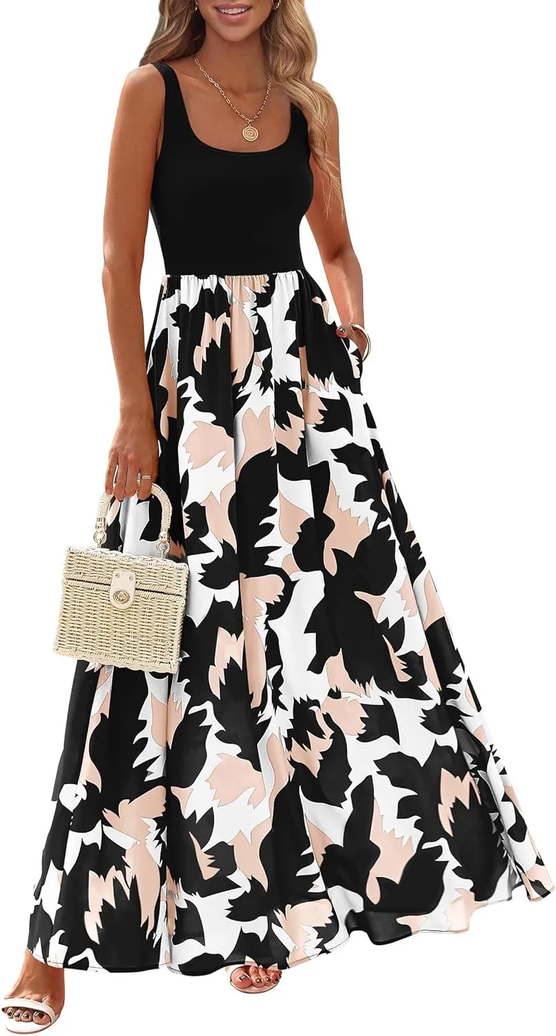 KIRUNDO Women Summer Sleeveless Boho Floral Maxi Dress 2025 Scoop Neck Tank A Line Flowy Beach Vacation Resort Wear Sundress