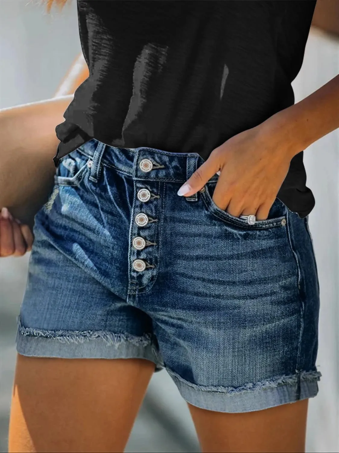 KISSMODA Denim Shorts Women Trendy Button Summer Cut Off Short Womens Jean Shorts High Waisted Denim Hot Ripped Shorts