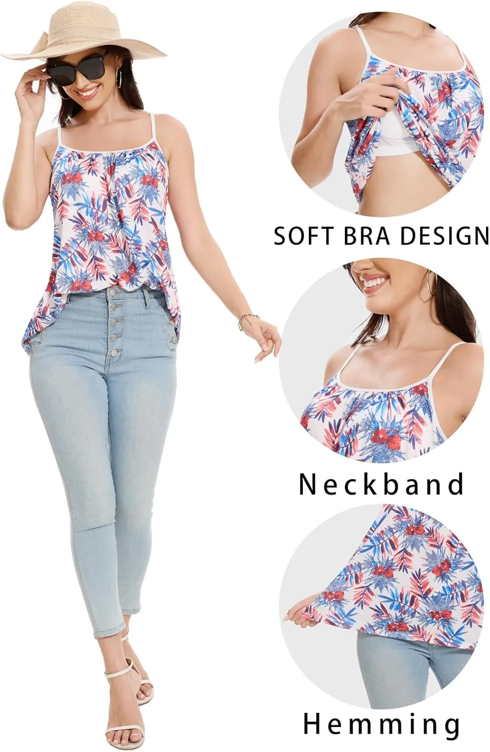 Kniffi Womens Camisole Tank Top Built in Bra Cami Pleated Loose Fit Camisole Adjustable Strap S-XXXXL