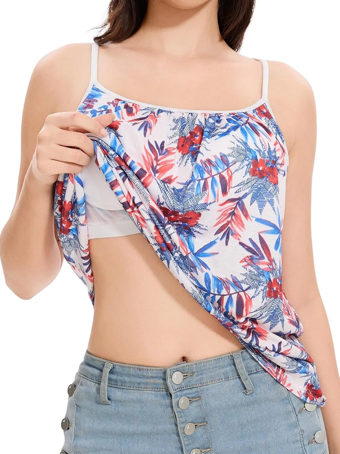 Kniffi Womens Camisole Tank Top Built in Bra Cami Pleated Loose Fit Camisole Adjustable Strap S-XXXXL