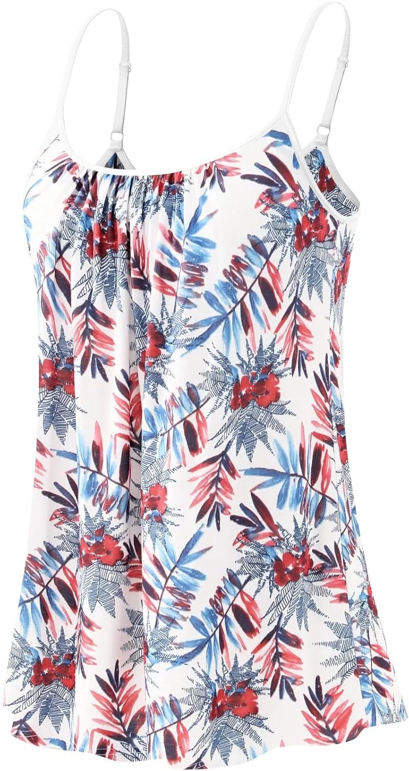 Kniffi Womens Camisole Tank Top Built in Bra Cami Pleated Loose Fit Camisole Adjustable Strap S-XXXXL