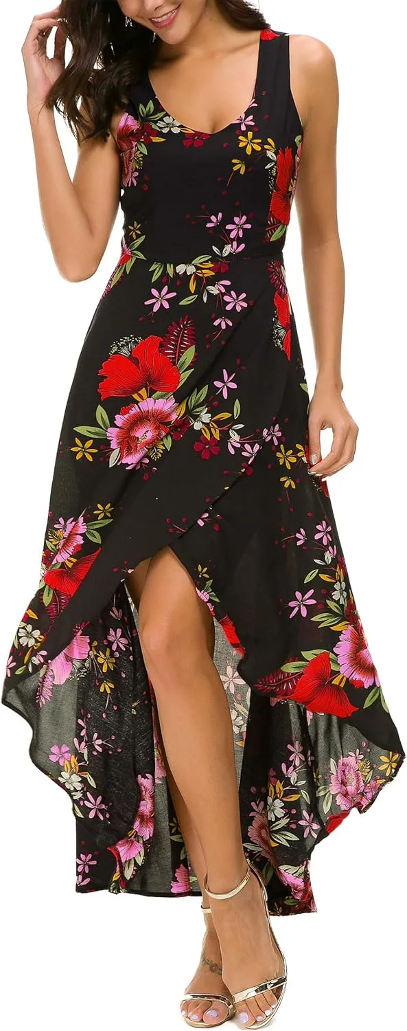 Kormei Womens Sleeveless Scoop Neck Floral High Low Split Party Long Maxi Dress