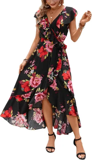 Kormei Womens Sleeveless Scoop Neck Floral High Low Split Party Long Maxi Dress
