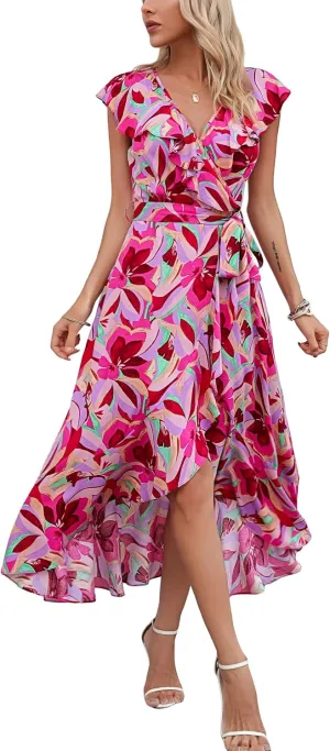 Kormei Womens Sleeveless Scoop Neck Floral High Low Split Party Long Maxi Dress