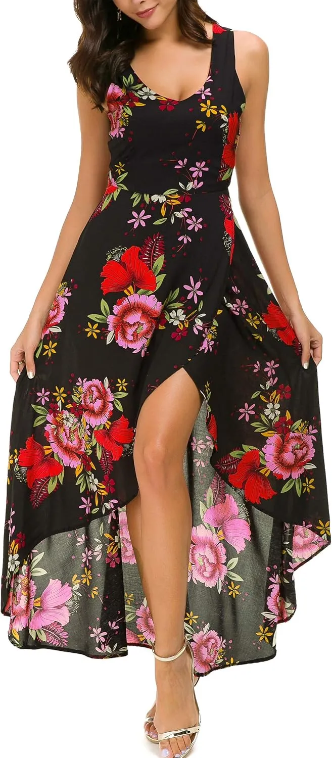 Kormei Womens Sleeveless Scoop Neck Floral High Low Split Party Long Maxi Dress