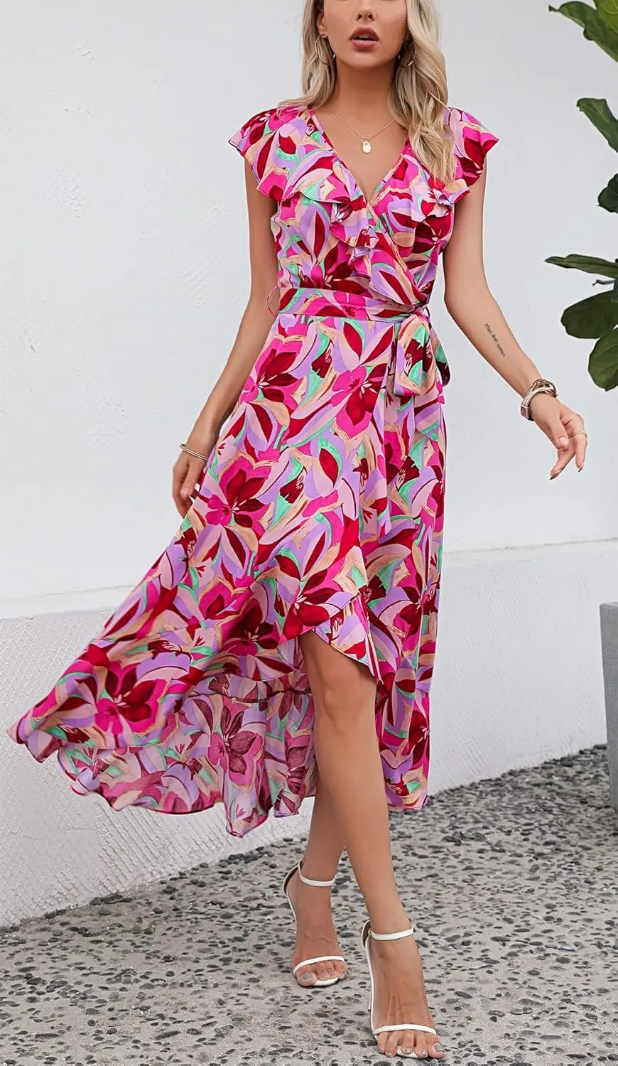 Kormei Womens Sleeveless Scoop Neck Floral High Low Split Party Long Maxi Dress