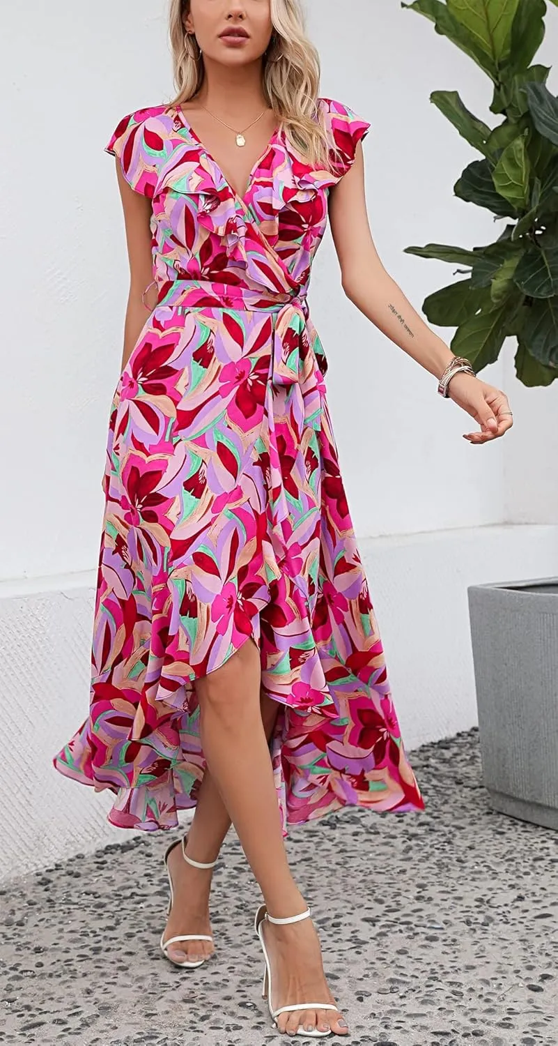 Kormei Womens Sleeveless Scoop Neck Floral High Low Split Party Long Maxi Dress