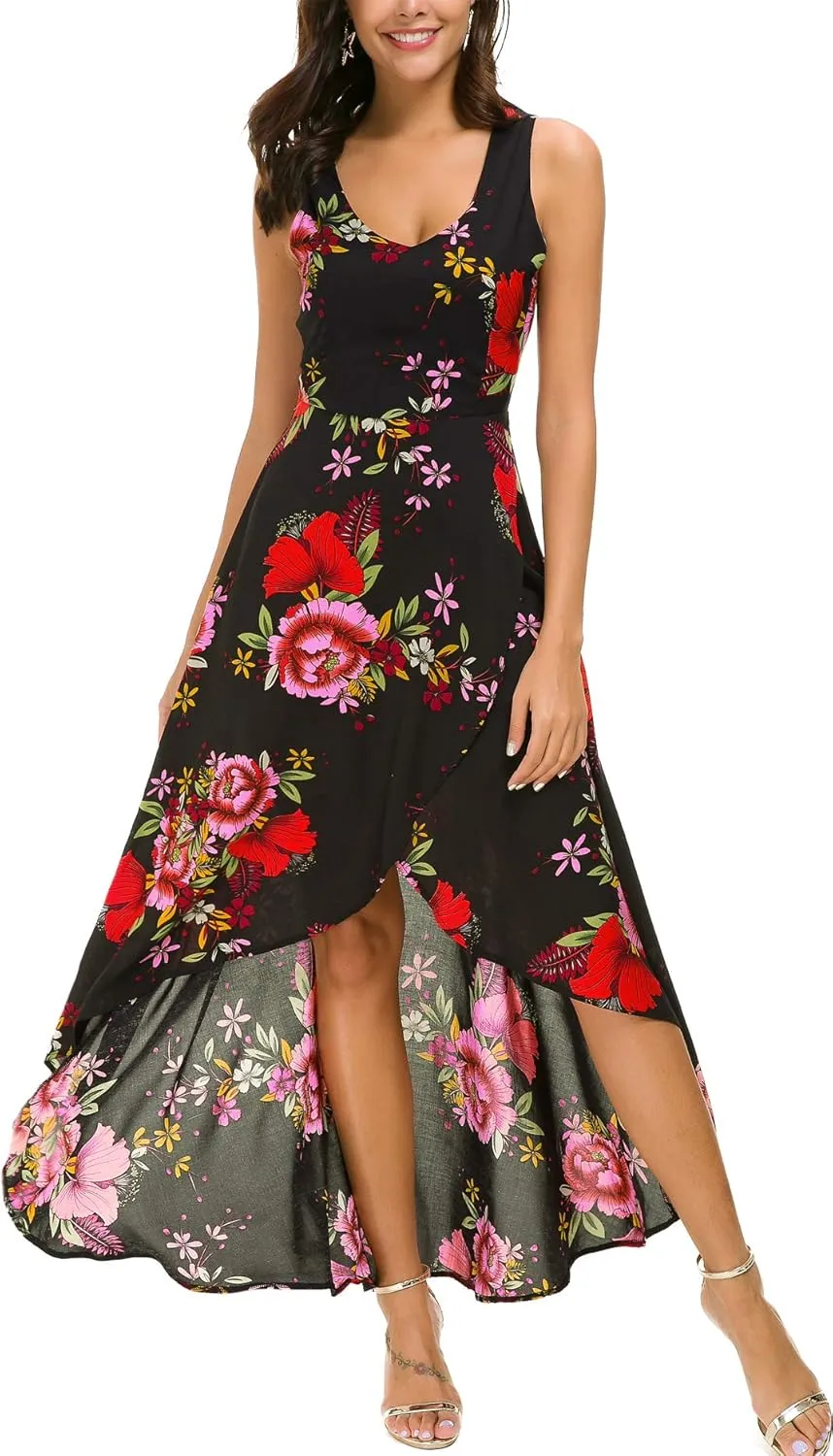 Kormei Womens Sleeveless Scoop Neck Floral High Low Split Party Long Maxi Dress