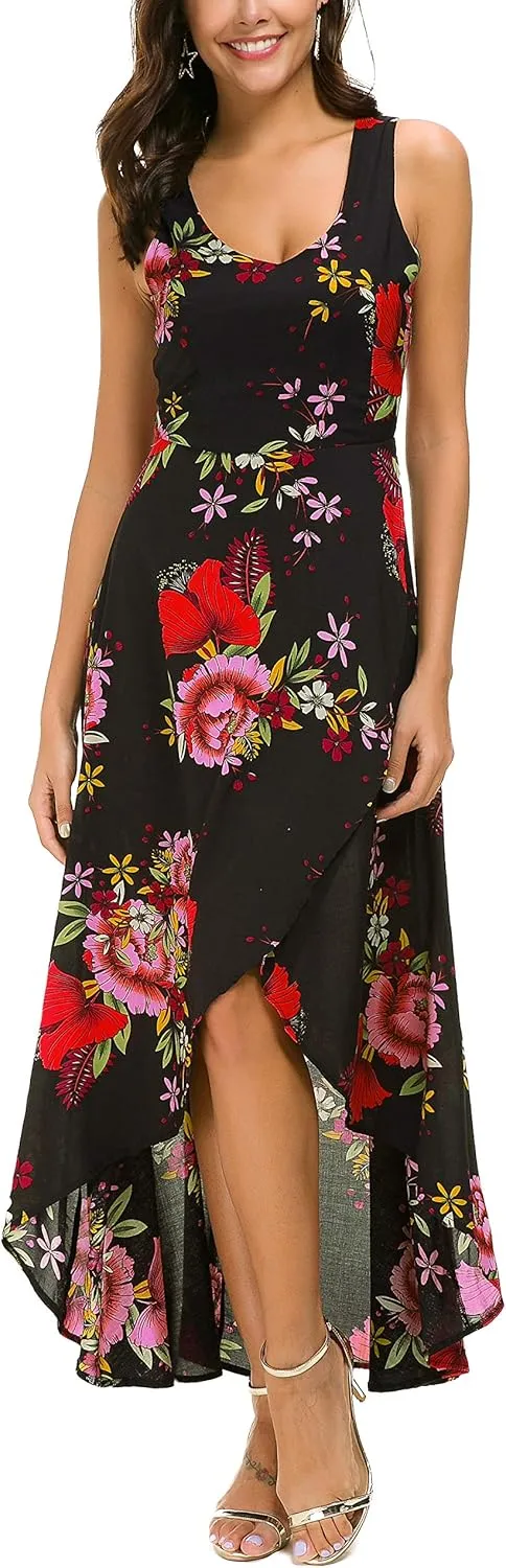 Kormei Womens Sleeveless Scoop Neck Floral High Low Split Party Long Maxi Dress