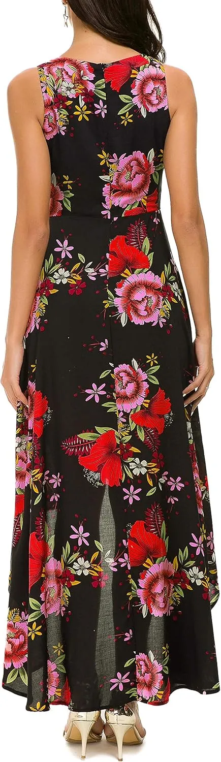 Kormei Womens Sleeveless Scoop Neck Floral High Low Split Party Long Maxi Dress