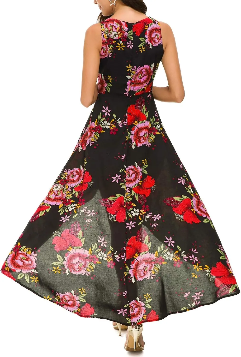 Kormei Womens Sleeveless Scoop Neck Floral High Low Split Party Long Maxi Dress