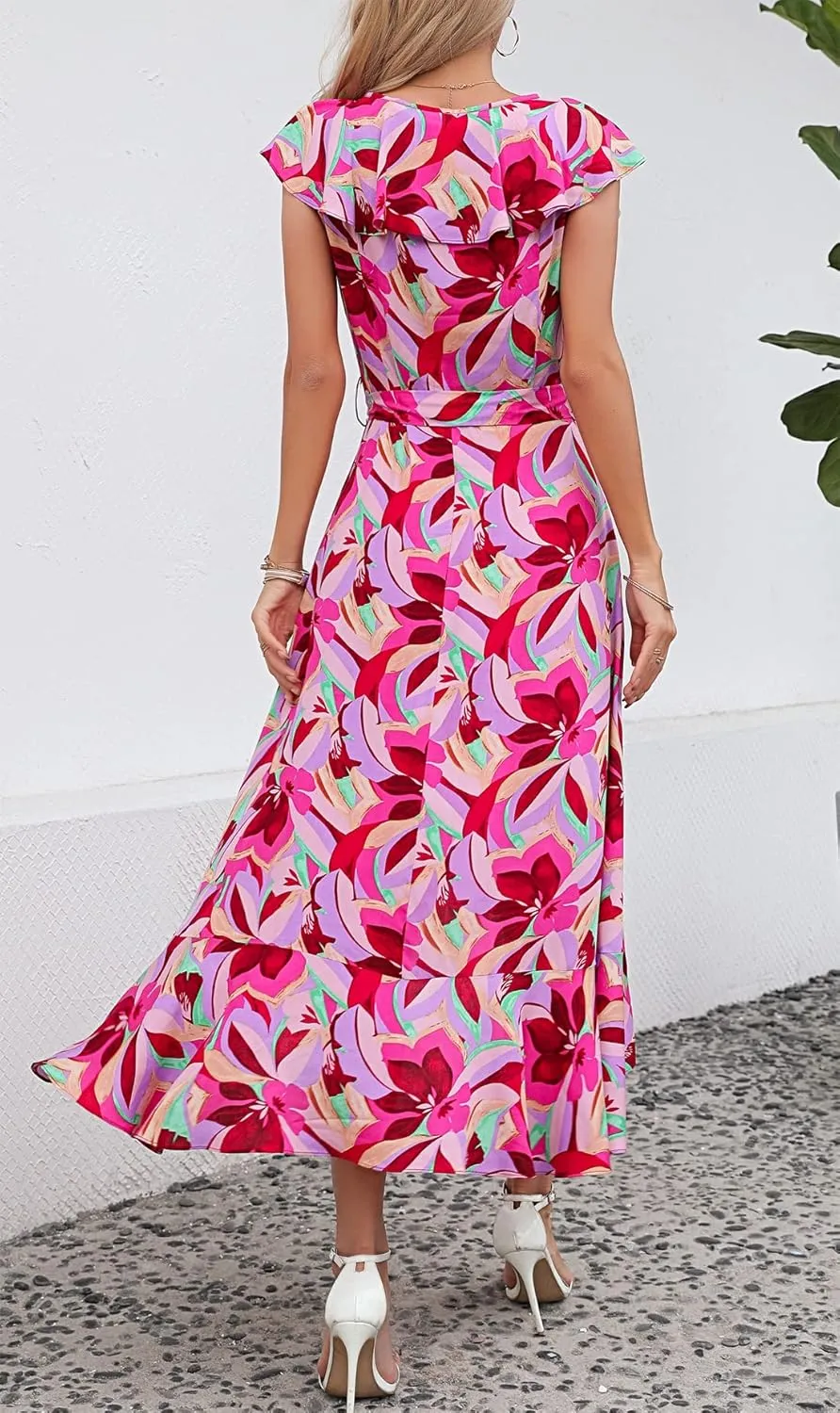 Kormei Womens Sleeveless Scoop Neck Floral High Low Split Party Long Maxi Dress