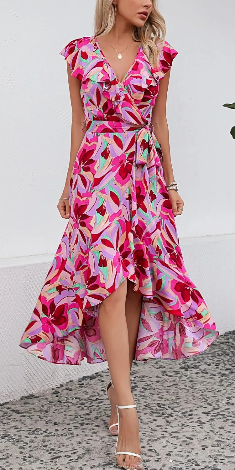 Kormei Womens Sleeveless Scoop Neck Floral High Low Split Party Long Maxi Dress